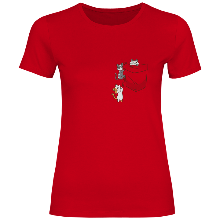 Katzen in Brusttasche - Damen T - Shirt - Textilzauber