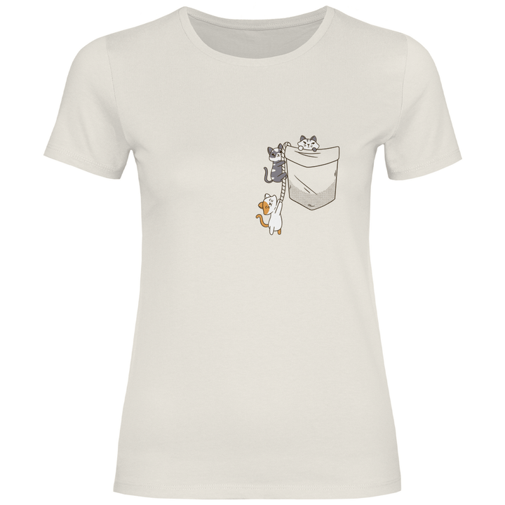 Katzen in Brusttasche - Damen T - Shirt - Textilzauber