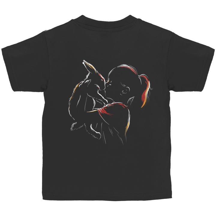 Kind mit Kaninchen - Kinder T - Shirt mit Rückendruck - Textilzauber