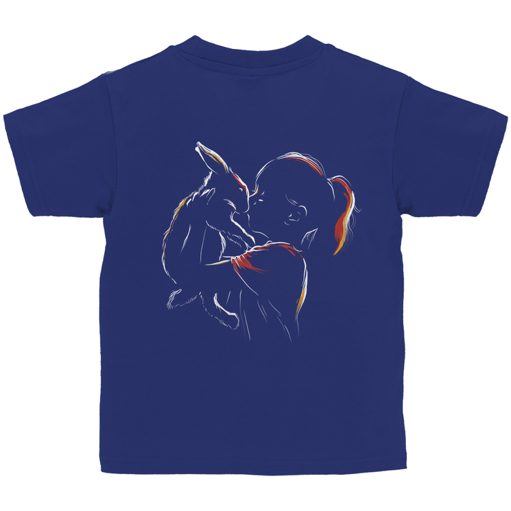 Kind mit Kaninchen - Kinder T - Shirt mit Rückendruck - Textilzauber