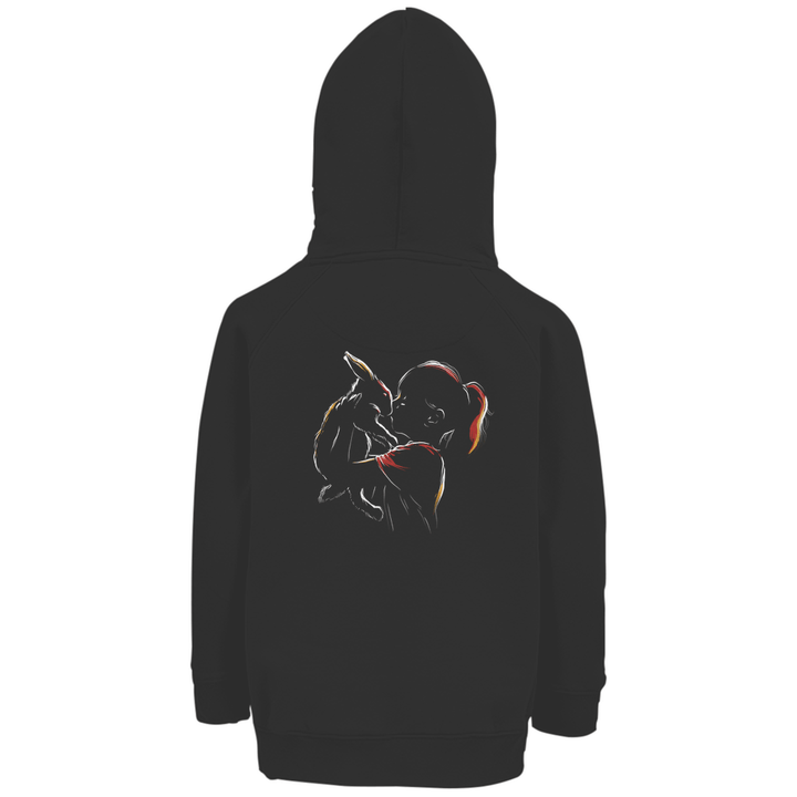 Kind mit Kaninchen - Premium Bio Kinderhoodie mit Rückendruck - Textilzauber