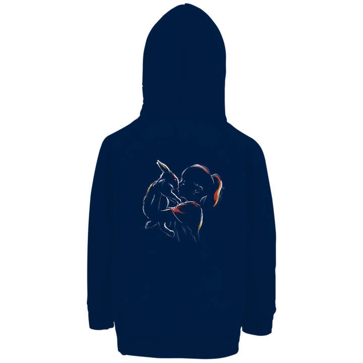 Kind mit Kaninchen - Premium Bio Kinderhoodie mit Rückendruck - Textilzauber