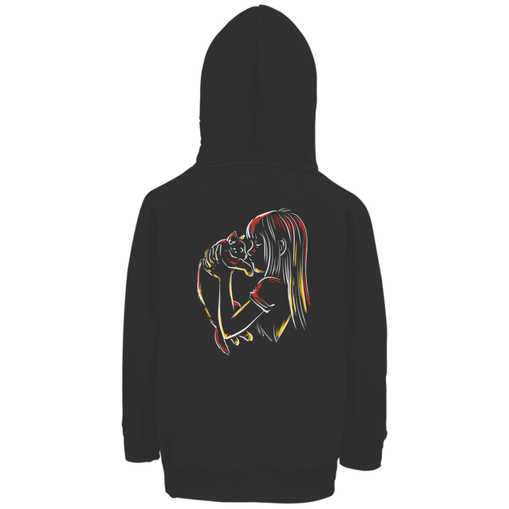 Kind mit Katze - Premium Bio Kinderhoodie mit Rückendruck - Textilzauber