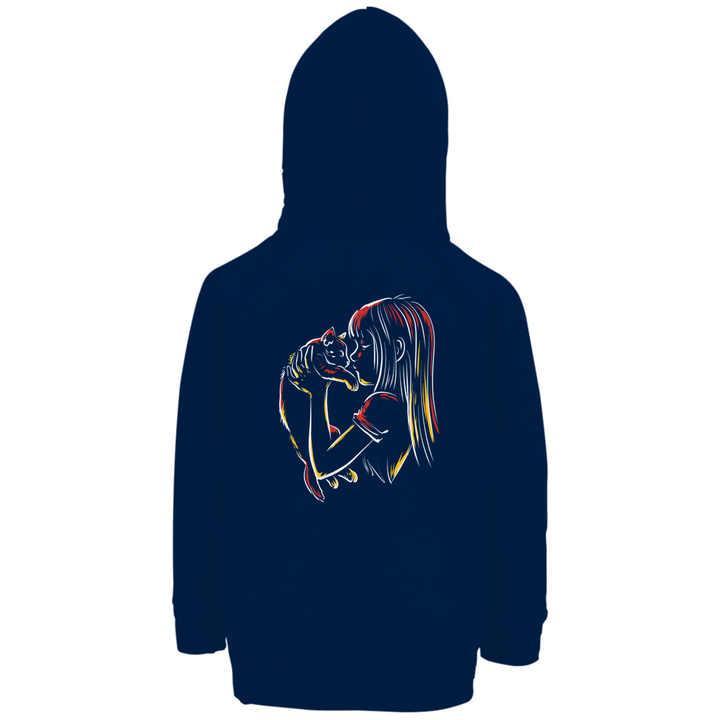 Kind mit Katze - Premium Bio Kinderhoodie mit Rückendruck - Textilzauber