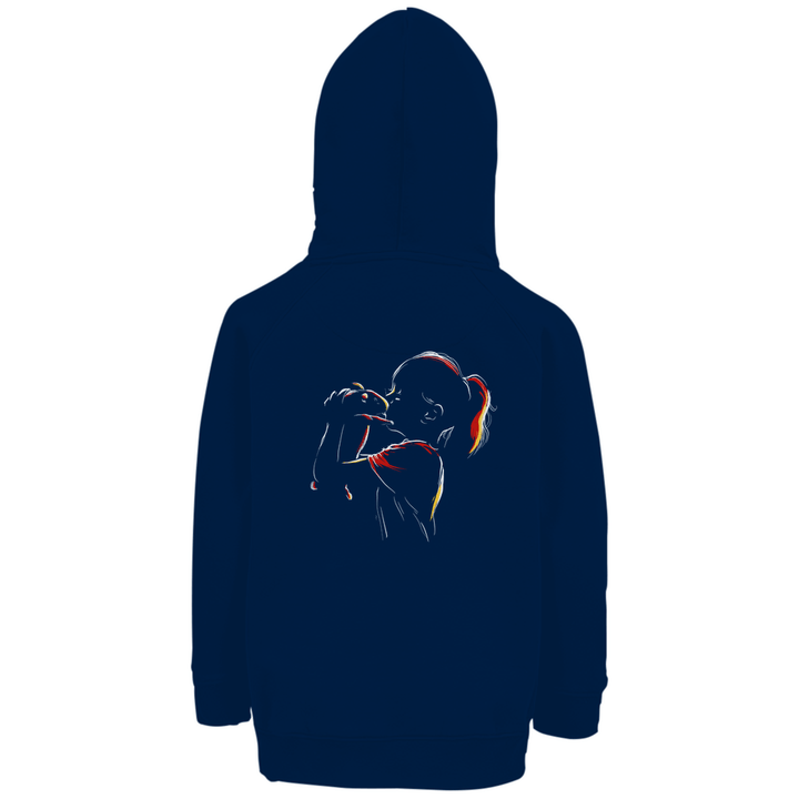 Kind mit Meerschweinchen - Premium Bio Kinderhoodie mit Rückendruck - Textilzauber