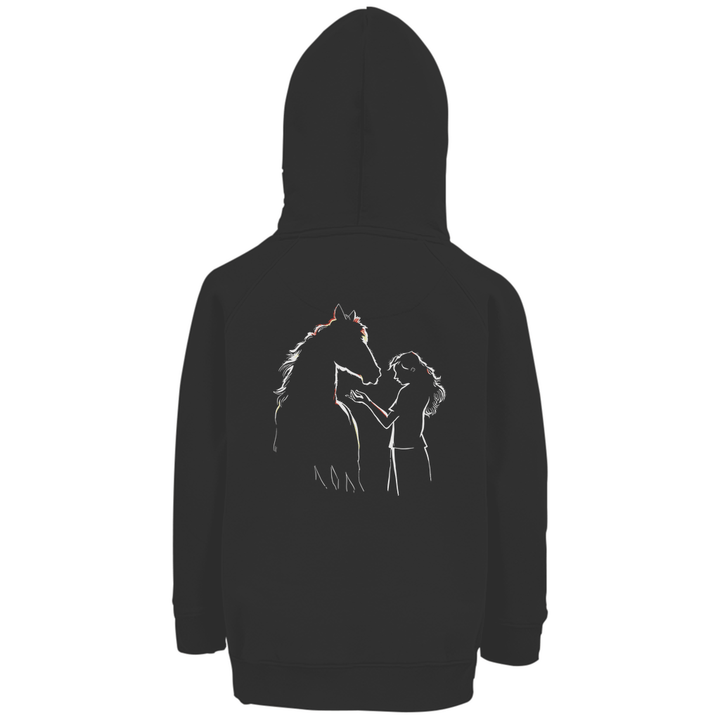 Kind mit Pferd - Premium Bio Kinderhoodie mit Rückendruck - Textilzauber