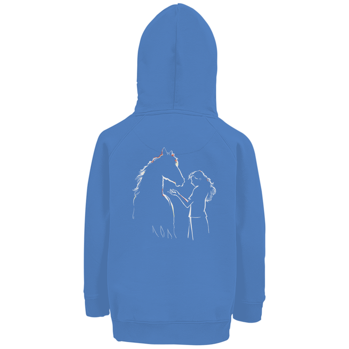 Kind mit Pferd - Premium Bio Kinderhoodie mit Rückendruck - Textilzauber