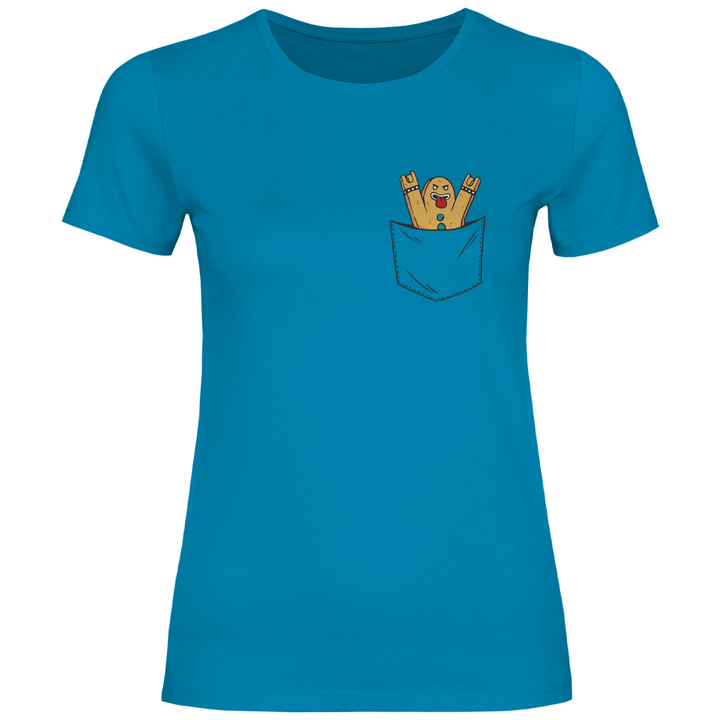 Lebkuchenmann Rockstar in Brusttasche - Damen T - Shirt - Textilzauber