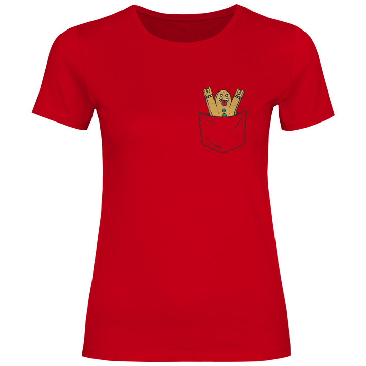 Lebkuchenmann Rockstar in Brusttasche - Damen T - Shirt - Textilzauber