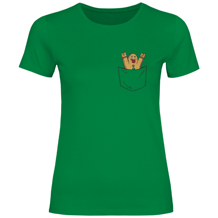 Lebkuchenmann Rockstar in Brusttasche - Damen T - Shirt - Textilzauber