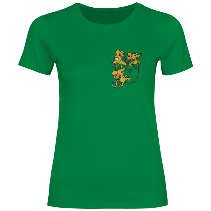 Mäuse in Brusttasche - Damen T - Shirt - Textilzauber