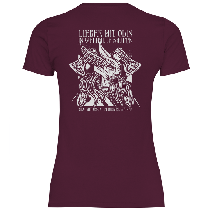 Mit Odin in Walhalla Saufen - Damen T - Shirt mit Rückendruck - Textilzauber