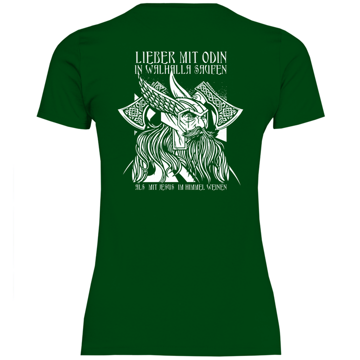 Mit Odin in Walhalla Saufen - Damen T - Shirt mit Rückendruck - Textilzauber