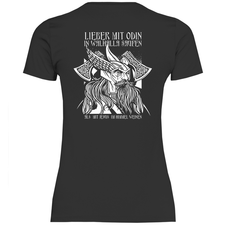 Mit Odin in Walhalla Saufen - Damen T - Shirt mit Rückendruck - Textilzauber