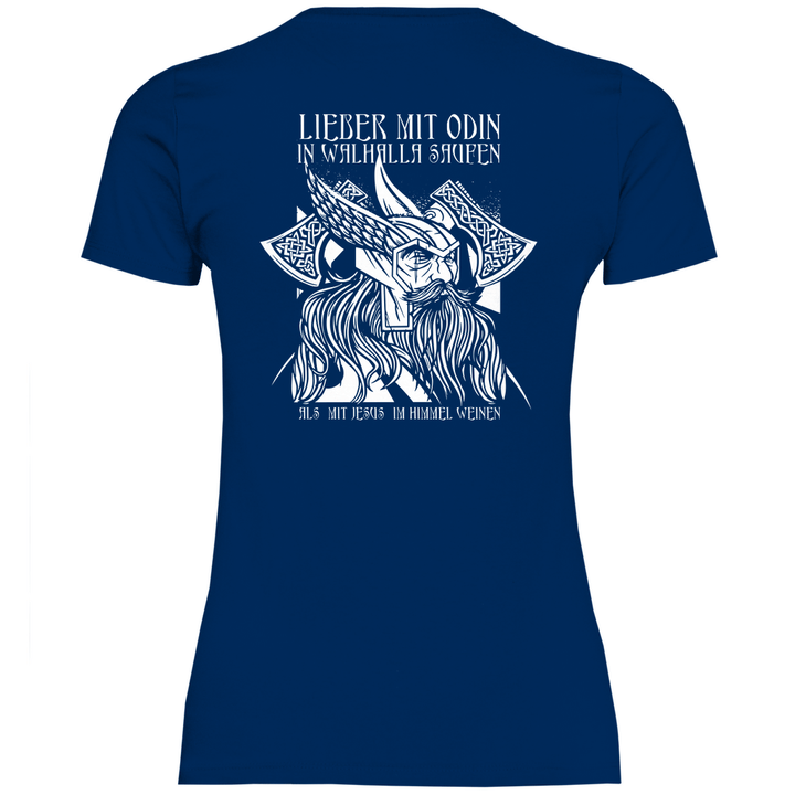 Mit Odin in Walhalla Saufen - Damen T - Shirt mit Rückendruck - Textilzauber
