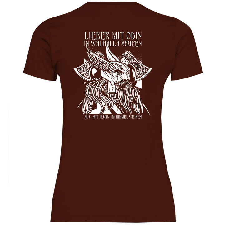 Mit Odin in Walhalla Saufen - Damen T - Shirt mit Rückendruck - Textilzauber
